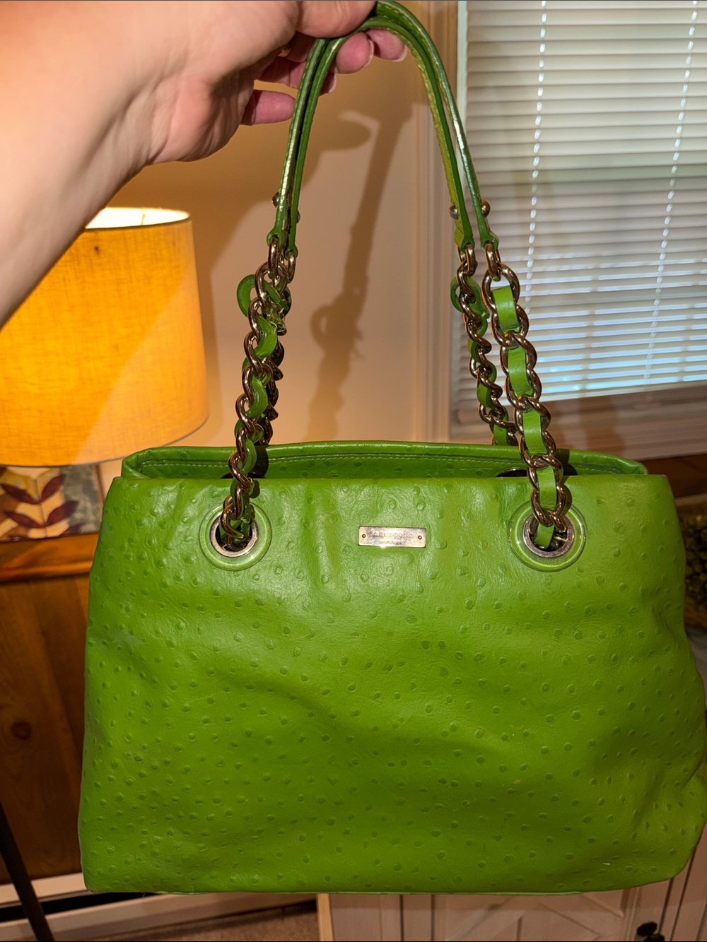 kate spade Lime Green Ostrich Textured Leather Chain-Handle Shoulder Bag